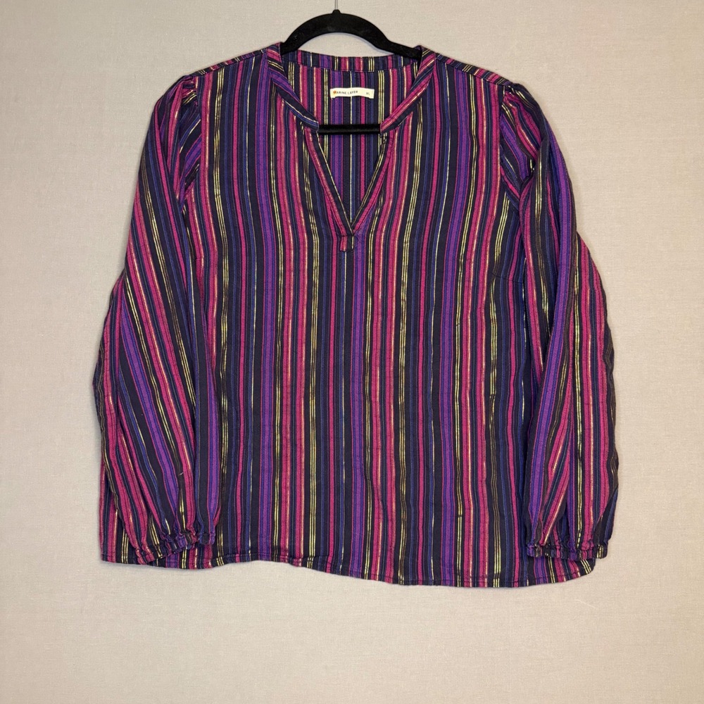 Marine Layer Womens XL Metallic Stripe Blouse Purple Gold V-Neck Long Sleeve Top